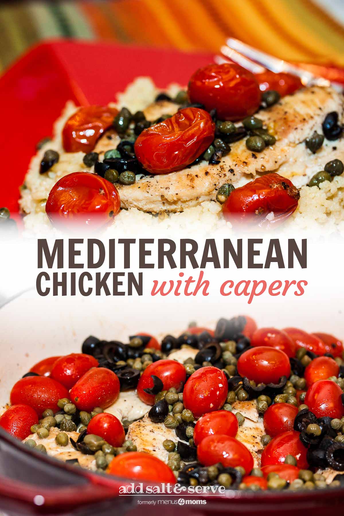 Chicken breast on a bed of couscous topped with capers, sliced black olives, and cherry tomatoes on a red plate with a fork.