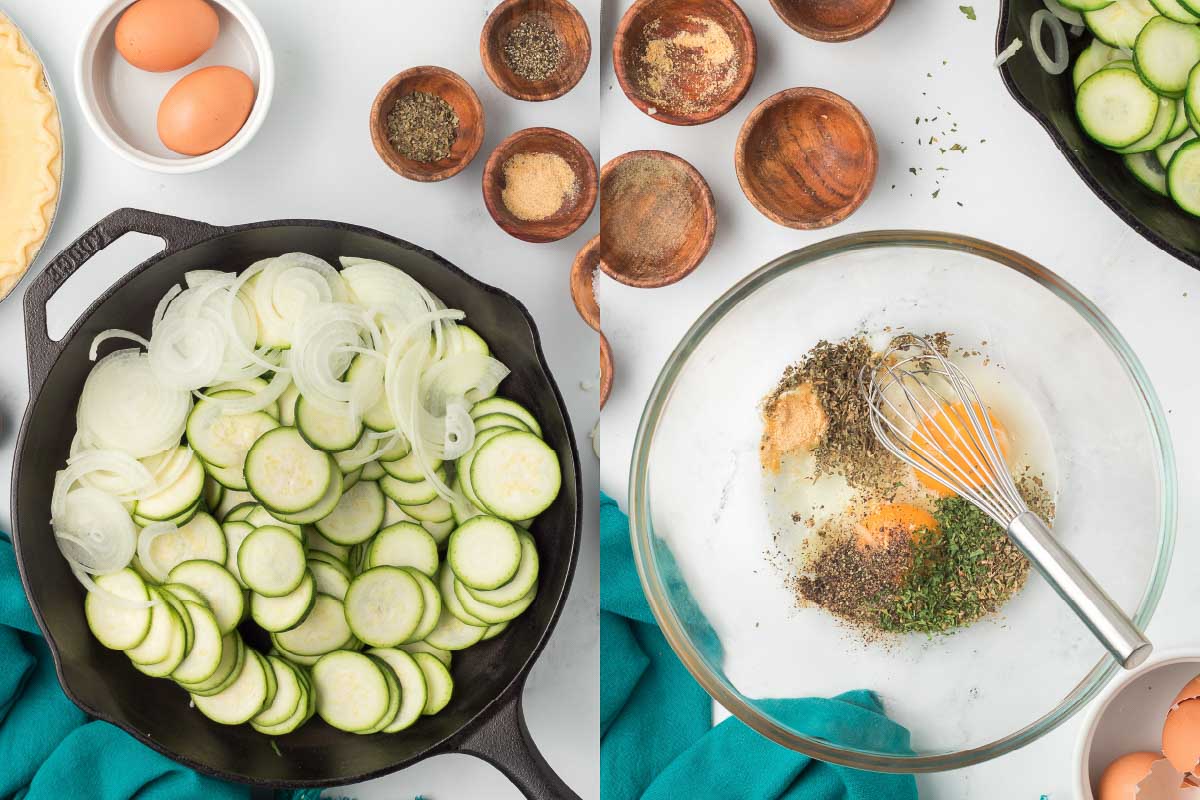 Left side is sliced zucchini and onion in a cast iron skillet; right side is herbs, salt, and pepper mixed with raw eggs in a bowl.