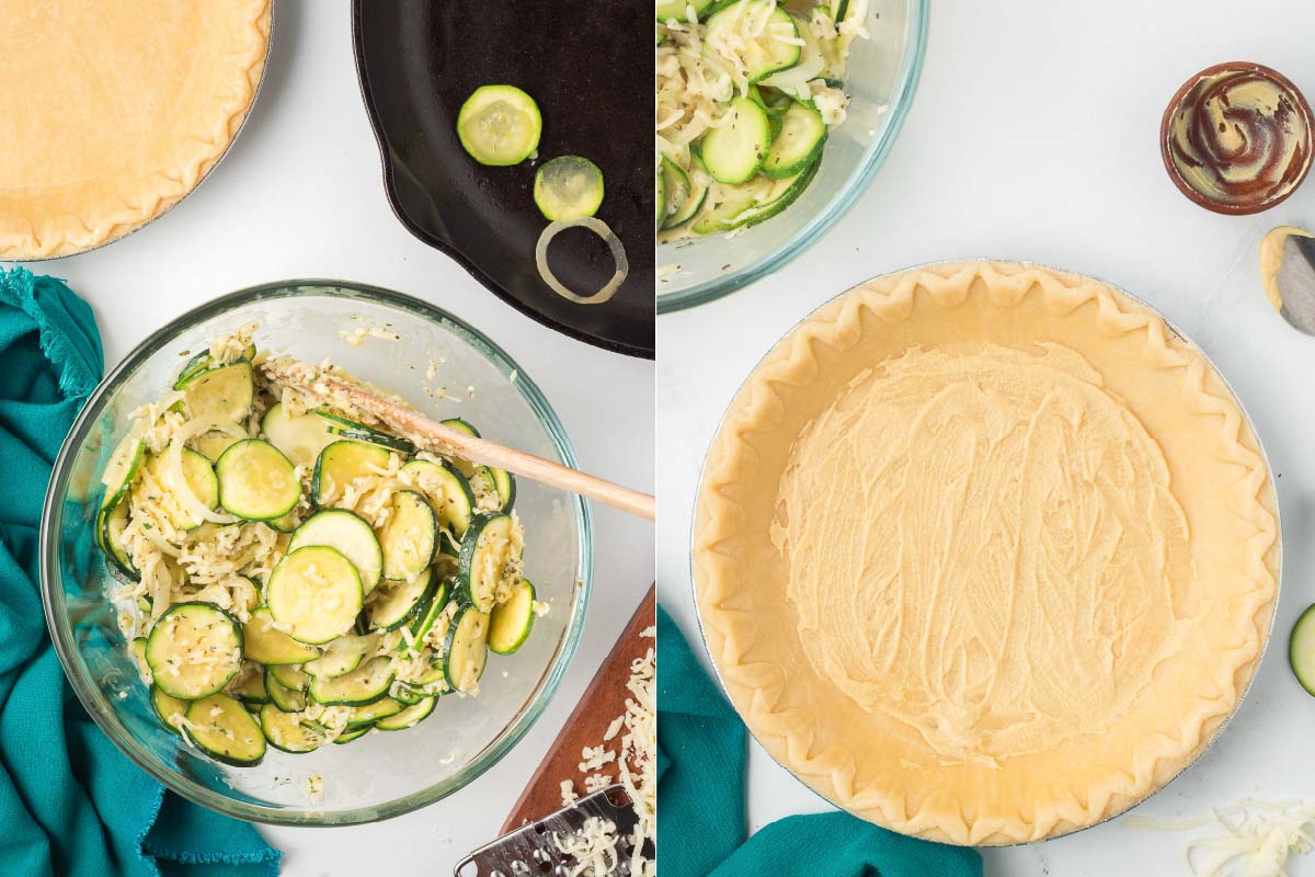 Left side is sliced zucchini and onion mixed with herbs and egg in a bowl; right side is a prepared pie crust with dijon mustard in the bottom.