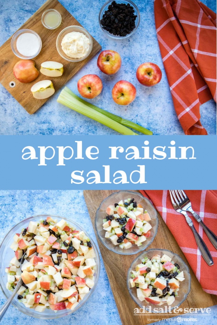 Composite of two images: Overhead view of 4 5 apples (one chopped), two stalks of celery, a bowl of raisins, a bowl with mayonnaise, a small bowl with lemon juice, and a small bowl with sugars all on a blue surface with a coral plaid towel to the side on top, Text Apple Raisin Salad in the middle, and overhead view of salad with chopped apples, raisins, and celery with a coral plaid towel and two forks on bottom