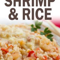 White plate with rice, shrimp, diced tomatoes, and strips of bell peppers, with melted Monterey Jack cheese on top; text savory one-pot shrimp & rice add salt & serve formerly menus4moms