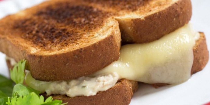 Tuna and a slice of melted swiss cheese on two pieces of toasted bread on a white plate.