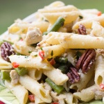 Asparagus Chicken Salad on a green and white plate.