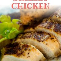 Sliced chicken garnished with parsley with text Baked Skillet Chicken - Add Salt & Serve logo