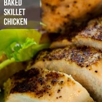 Sliced chicken garnished with parsley with text Baked Skillet Chicken - Add Salt & Serve logo