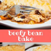 Top photo is a tortilla covered with melted cheese, on top of ground beef, black beans, and tomatoes, all on a white plate. A fork is cutting into the tortilla. Bottom left photo is Beefy Bean Bake in a clear glass casserole dish. A mixture of ground beef, chopped onion, black beans, diced tomatoes, and diced green chilies is topped with tortillas and covered with shredded Mexican cheese blend. Bottom right photo is a cooked slice of the Beefy Bean Bake on a white plate. Text add salt & serve formerly menus4moms beefy bean bake