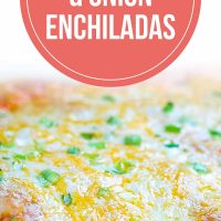 photo of a clear baking dish with enchiladas covered with cheese and diced green onions. Text cheese & onion enchiladas with text Cheese & onion Enchiladas Add Salt & Serve