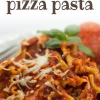 Ground beef, lasagna noodles, and melted mozarella cheese in a white bowl, with pepperoni on the right side and a fork on the left. Text crockpot pizza pasta add salt & serve formerly menus4moms