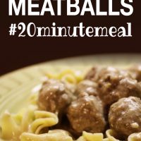 Yellow bowl with egg noodles covered in meatballs with cream sauce and text Swedish Meatballs #20minutemeal