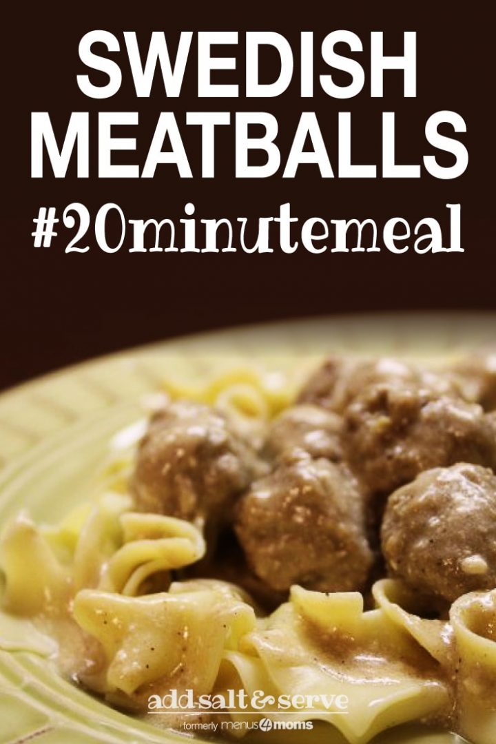 Yellow bowl with egg noodles covered in meatballs with cream sauce and text Swedish Meatballs #20minutemeal