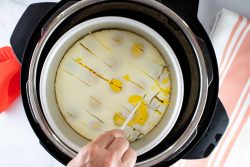 Overhead view of a layer of cooked eggs in an inner pot in an Instant Pot being cut into squares