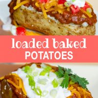 Top photo is a baked potato topped with chili, shredded cheddar cheese, diced tomatoes, sour cream, and diced green onions, with shredded cheese and diced tomatoes are on the counter around the potato. Bottom photo is a baked potato topped with chili, shredded cheddar cheese, sour cream, and diced green onions. Text loaded baked potatoes add salt & serve formerly menus4moms