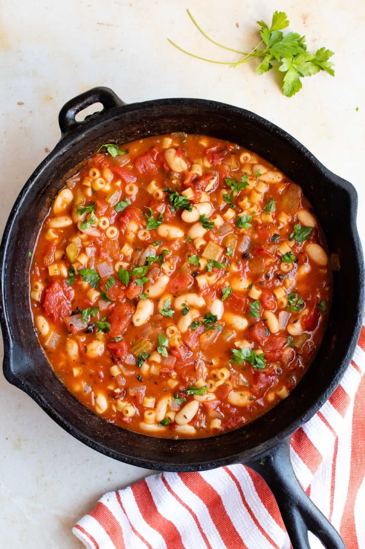 Pasta e Fagioli in a cast iron skillet