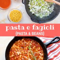 Top photo is a white marble counter with a clear glass bowl of ditalini pasta, clear glass bowl of tomato sauce, clear glass bowl of fire-roasted tomatoes in tomato juice, and a cast iron stew pot with chopped celery and onions with Italian seasoning. The celery and onions are being stirred with a wooden spoon. Bottom photo is a cast iron skillet with Pasta e Fagioli, a soup made with pasta, tomatoes, chopped celery, onion, and parsley, cannellini beans, and tomato sauce. There's an orange and white striped towel on the counter to the right of the skillet. Text pasta e fagoioli (pasta & beans) add salt & serve formerly menus4moms