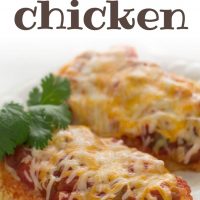 Two chicken breasts coated with cracker crumbs, and topped with salsa and melted shredded cheese, on a white plate. Text santa fe chicken add salt & serve formerly menus4moms