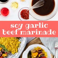 Composite image with top left showing overhead shot of bowls with red wine vinegar, soy sauce, brown sugar, oil, garlic salt, and ketchup and top right image showing those ingredients combined in a bowl and being whisked together; bottom image shows a plate of cooked beef and vegetable kabobs over yellow rice served with grilled asparagus and text soy garlic beef marinade Add Salt & Serve