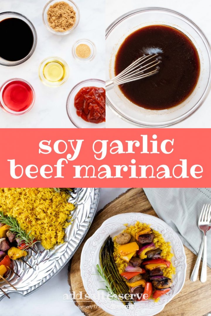Composite image with top left showing overhead shot of bowls with red wine vinegar, woy sauce, brown sugar, oil, garlic salt, and ketchup and top right image showing those ingredients combined in a bowl and being whisked together; bottom image shows a plate of cooked beef and vegetable kabobs over yellow rice served with grilled asparagus and text soy garlic beef marinade Add Salt & Serve