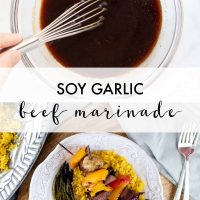 Composite image: Top photo is a bowl of beef marinade being mixed with a whisk. Bottom photo is a plate of kabobs on a bed of rice with asparagus. Text is Soy Garlic Beef Marinade - Add Salt & Serve logo