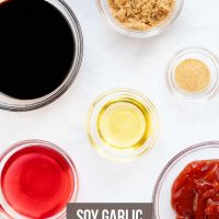 Overhead shot of bowls with red wine vinegar, soy sauce, brown sugar, oil, garlic salt, and ketchup with text Soy Garlic Beef Marinade - Add Salt & Serve logo