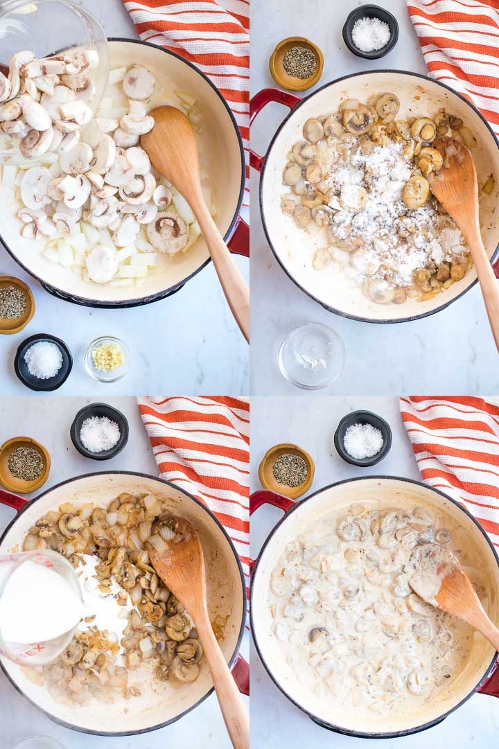 Composite image with top left image showing sliced mushrooms and garlic being sautéd in butter, top right image showing flour being added to sauteed mushrooms, bottom left image showing cream being added to a skilet of cooked mushrooms with flour, bottom right image showing the mushrooms in a creamy sauce