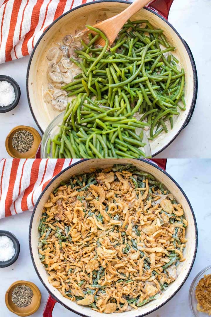 Composite image with top image showing blanched green beans being added to the same skillet, and bottom image showing skillet with green bean casserole topped with crunchy fried onions