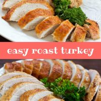 Sliced roasted turkey breast with golden brown skin on a white plate garnished with parsley