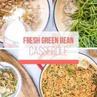 Fresh green beans in one skillet and green bean casserole in a second skillet