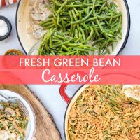 Fresh green beans in one skillet and green bean casserole in a second skillet