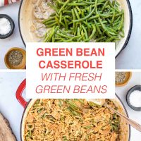 Fresh green beans in one skillet and green bean casserole in a second skillet
