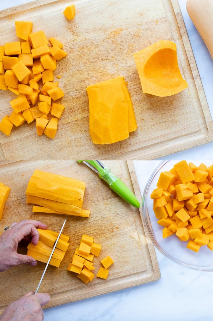 Composite image with top image showing peeled and halved butternut squash on a cutting board with some cubed squash on the board; bottom image shows hands and a knife cutting butternut squash into cubes with a bowl of cubed squash to the side 