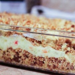 Squash casserole in a clear baking dish