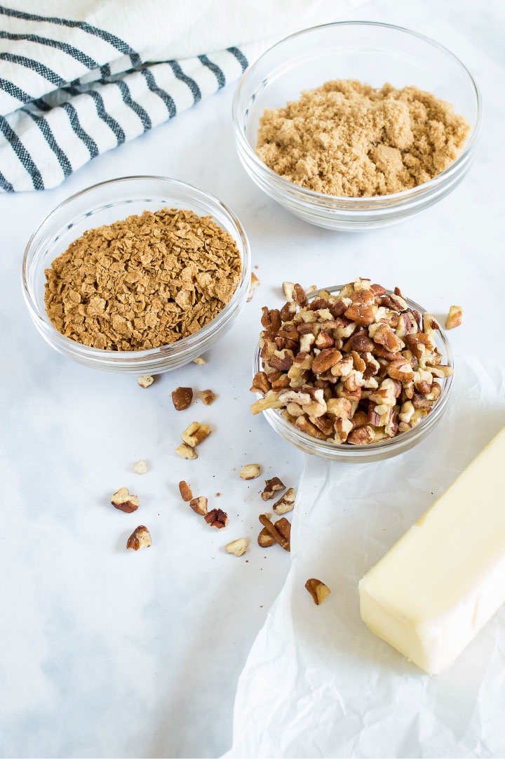 Streusel topping ingredients: melted butter, brown sugar, chopped pecans, and crushed cereal