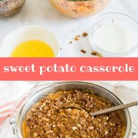 Composite image with top photo showing ingredients for sweet potato casserole and bottom photo showing baked casserole; text Sweet Potato Casserole add salt & serve