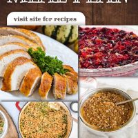 Composite image with 4 photos showing sliced roasted turkey breast, fresh green bean casserole, cranberry orange sauce, sweet potato casserole, and text Free Meal Plan Thanksgiving, Visit site for recipes, Add Salt & Serve logo