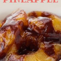 Pineapples in syrup in a white bowl; text Caramelized Pineapple Add Salt & Serve formerly Menus4Moms