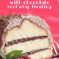 pound cake with layers of chocolate hazelnut cream frosted with chocolate cool whip frosting on a plate garnished with raspberries