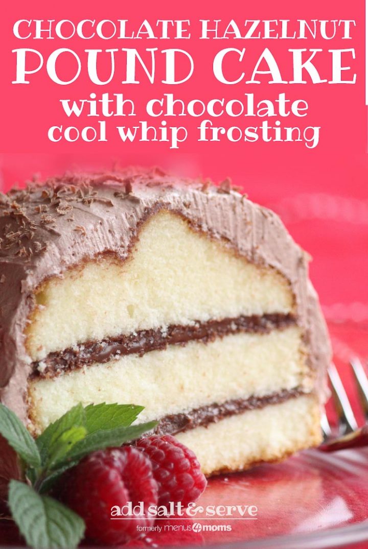 pound cake with layers of chocolate hazelnut cream frosted with chocolate cool whip frosting on a plate garnished with raspberries