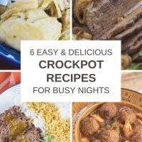 Composite image with photos of chicken & dumplings, london broil, roast beef and gravy, and albondigas (meatball) soup and text 6 easy and delicious crockpot recipes for busy nights