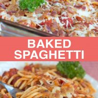 Top photo is baked spaghetti in a clear glass baking dish. Bottom image is baked spaghetti on white plate with a fork. Text Baked Spaghetti Add Salt & Serve formerly Menus4Moms
