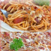 Top photo is baked spaghetti on white plate with a fork. Bottom image is baked spaghetti in a clear glass baking dish. Text Baked Spaghetti Add Salt & Serve formerly Menus4Moms