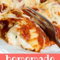 Stuffed manicotti topped with marinara sauce and shredded mozzarella cheese and garnished with a sprig of parsley. There's a fork cutting into the manicotti. Text Add Salt & Serve formerly Menus4Moms Homemade Manicotti