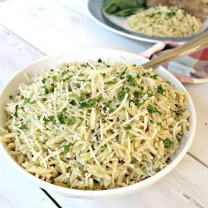 Prepared orzo in a white bowl garnished with Parmesand and Italian seasoning