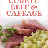 Corned beef and cabbage on a white plate garnished with a sprig of parsle; text Easy Corned Beef & Cabbage Add Salt & Serve formerly Menus4Moms