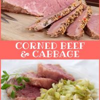 Composite image. Top photo is corned beef slices on a wooden cutting board. Bottom image is corned beef and cabbage on a white plate garnished with a sprig of parsley. Text is Add Salt & Serve formerly Menus4Moms Corned Beef & Cabbage