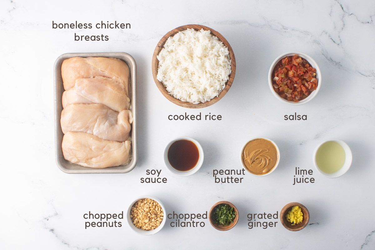 Ingredients for Slow Cooker Thai Peanut Chicken: Uncooked chicken breasts, chopped peanuts, cilantro, peanut butter, salsa, soy sauce, grated ginger, lime juice, and cooked rice.
