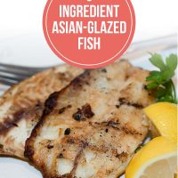White plate with fish fillets garnished with lemon wedges and parsley; text is 4 Ingredient Asian-Glazed Fish - Add Salt & Serve logo