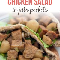 Diced chicken in a lettuce-lined pita on a white plate with text Asian-Inspired Chicken Salad in Pita Pockets - Add Salt & Serve logo