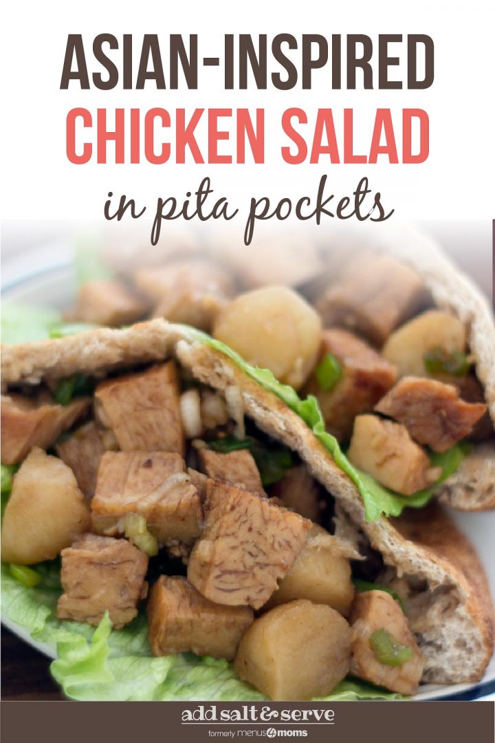 Diced chicken in a lettuce-lined pita on a white plate with text Asian-Inspired Chicken Salad in Pita Pockets - Add Salt & Serve logo
