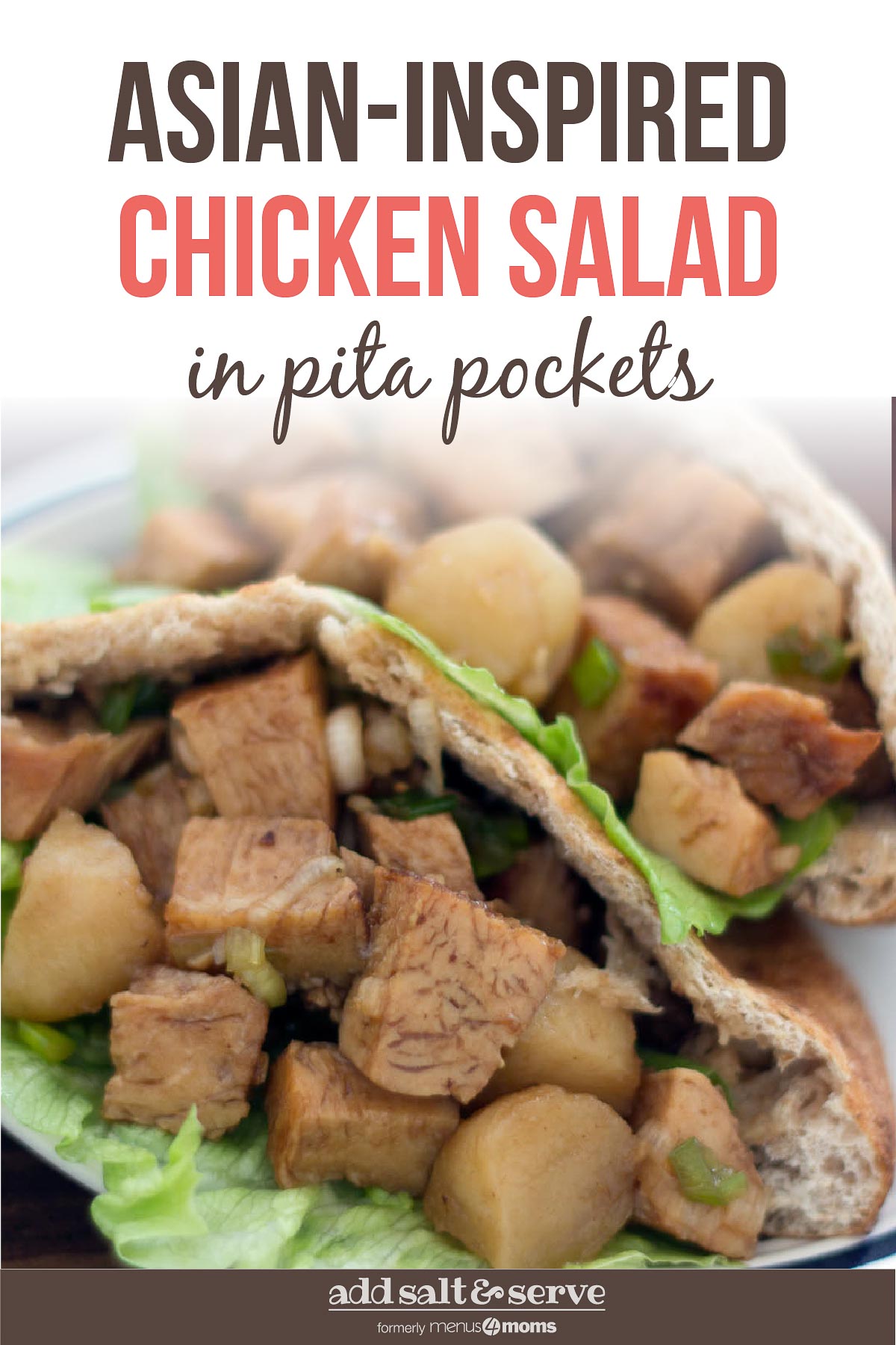 Diced chicken in a lettuce-lined pita on a white plate with text Asian-Inspired Chicken Salad in Pita Pockets - Add Salt & Serve logo