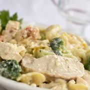 Diced chicken and broccoli covered in a cream sauce